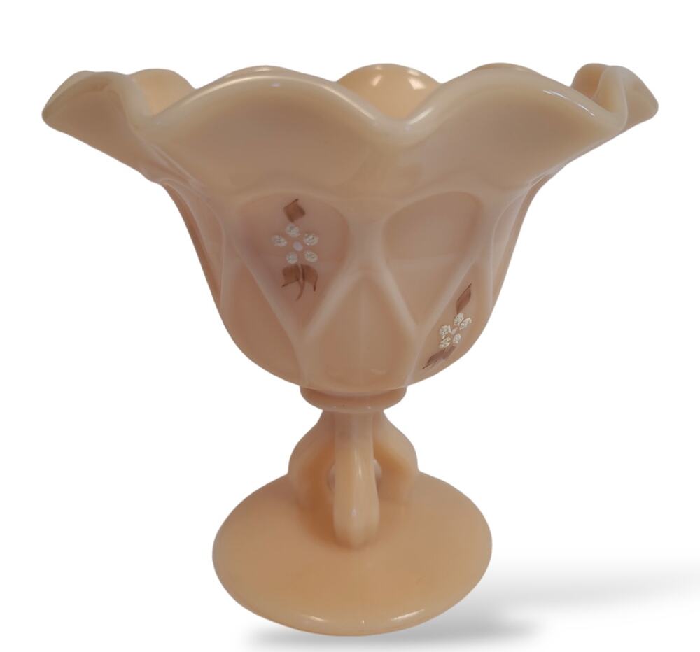 Westmoreland Glass Compote Pedestal Bowl Hand Painted B. Parry 1979 Beige VTG